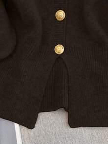 Áo cardigan dệt kim 1 chiếc, màu trơn, kiểu dáng tối giản, cài một hàng cúc, dành cho nữ, dáng ngắn, xẻ tà phía trước, thắt eo, cài cúc kim loại độc đáo, tay dài. - Cà phê nâu - Xem 6