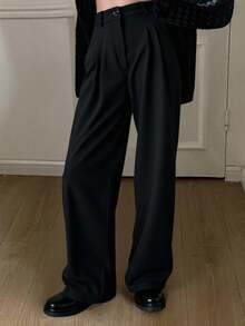 Livesso 高腰褶饰阔腿西装裤，女士正装裤 - 黑色 - 查看 2