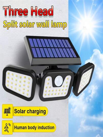 مصباح حائط بطاقة شمسية مقاوم للماء مع جهاز استشعار الحركة - إضاءة خارجية ثلاثية الرؤوس للفناء والباحة وديكور وأمن الجراج
