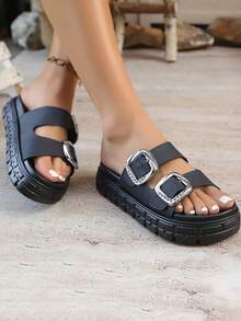 FZY 2026 New Women's Flat Sandals, Non-Slip Thick Sole, Stylish Solid Color, Adjustable Buckle, Women's Beach Shoes/Seaside Shoes/Outdoor Shoes/Travel Shoes/Bathroom Shoes/Family Party Shoes/Party Shoes/Water Sports Shoes, Women's Slippers, Women's Winter Sandals, Red Flat Shoes, Valentine's Day Casual Wear Women's Thick-Soled Sandals, Bridal Wedding Supplies Women's Flat Sandals - màu đen - Xem 3