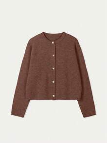 FOR BEAUTY Autumn/Winter New Solid Color Single-Breasted Round Neck Ribbed Long Sleeve Knit Cardigan For Women, Fashionable & Minimalist, Gentle & Elegant, Slim Fit, Suitable For Daily Commute, Fashionable New Year