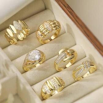 1pc 18K Gold Plated Copper Zirconia Geometric Open Ring, Fashionable & Luxurious, Versatile Women Jewelry