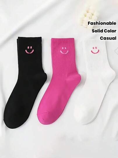 3/6 أزواج من الجوارب متوسطة الطول ذات لون أحادي وبنمط ابتسامة، جوارب كاجوال بطراز كلية، جوارب مريحة وعملية بتصميم جديد للنساء