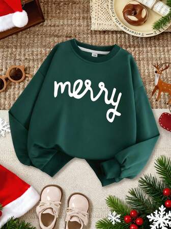 女の子用 グリーンのラウンドネックスウェットシャツ、シンプルなレター プリントパターン、ファッショナブルでカジュアルなスタイル、スポーツ、旅行、学校、パーティーなどに適しています。ソフトで洗濯機で洗えるカジュアルでファッショナブル