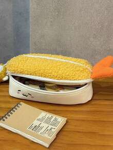 1个可爱虾笔袋 - 炸虾毛绒笔袋大容量学校和办公室收纳袋，柔软毛绒拉链设计，亮黄色虾图案。学生文具收纳袋，动漫迷必备，玩偶展示袋，玩偶收纳袋