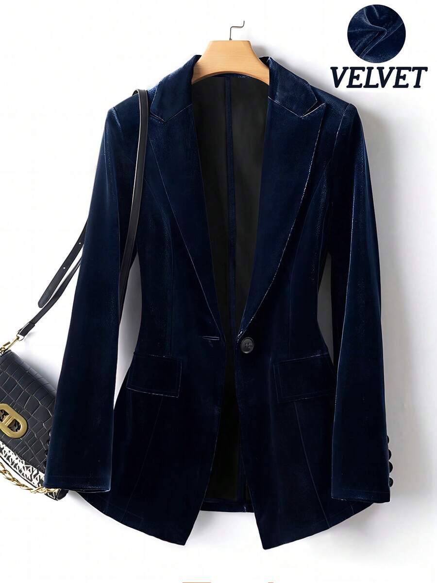 Áo khoác blazer nhung tay dài dáng ôm, cài khuy đơn giản dành cho nữ, thích hợp mặc đi làm, mùa thu/đông - Màu xanh hải quân - Xem 1