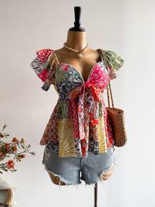 Rusttydustty Bohemien Stil Spitze V-Ausschnitt Lässig Urlaubs Bluse, geeignet für Neujahr, Valentinstag und andere Anlässe