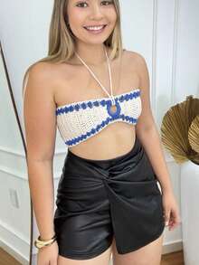 Crochet Strapless Cropped Top With Ties, Hoop Style, Summer, Various Sizes - 藍色和奶油色 - 查看 2