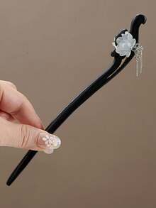 1pc Floral Print Elegant Ginkgo Leaf Tassel Hair Clip, Classical Chinese Style Faux Rosewood Hairpin, Suitable For Cheongsam, Hanfu, All Seasons Hair Accessory, Bun Extension, Pins For Hair