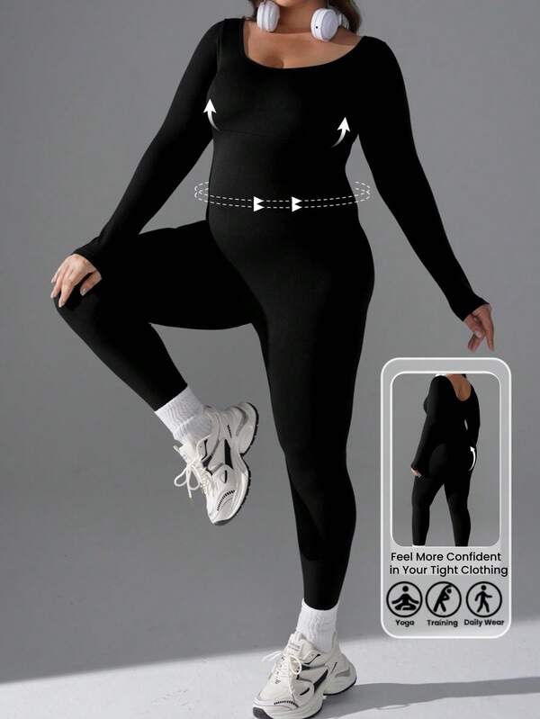1pc Plus Size Women Seamless Solid Color Crew Neck Comfortable Shapewear Jumpsuit, Fashionable Skin-Friendly Long Sleeve Yoga Jumpsuit, Adjusts Figure Slims Waist Lifts Buttocks, Suitable For Yoga, Sports And Workout