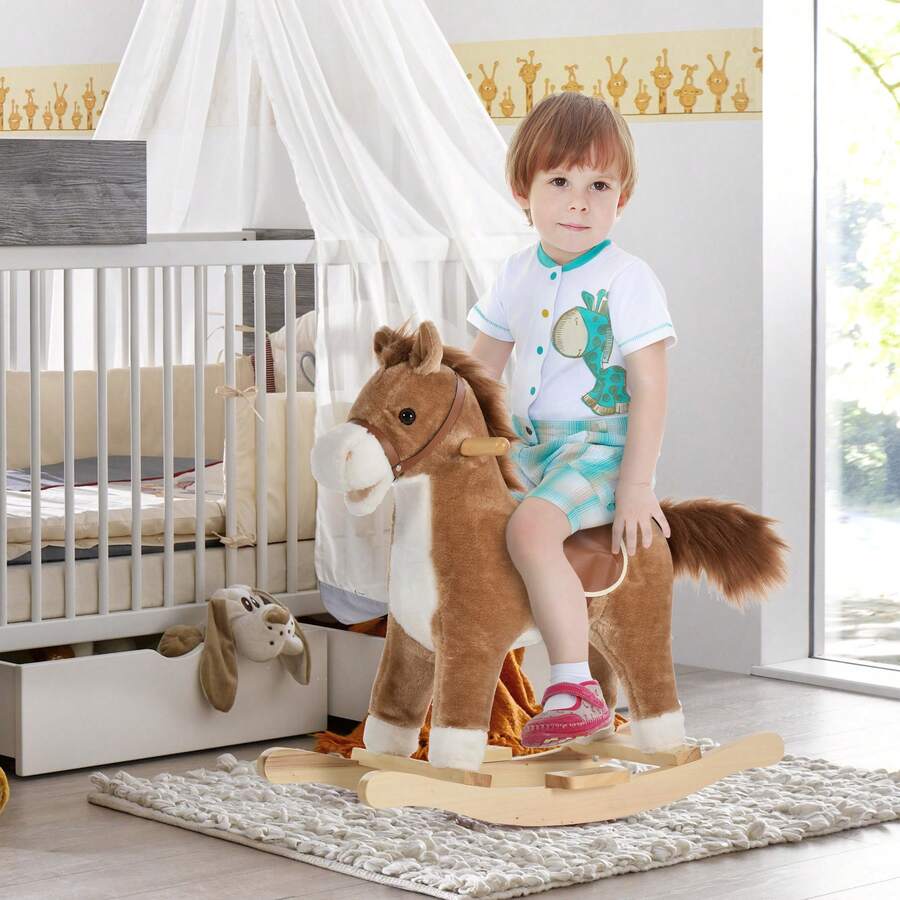 QABA Rocking Horse Plush Animal On Wooden Rockers With Sounds, Wooden Base, Baby Rocking Chair For 36-72 Months, Brown