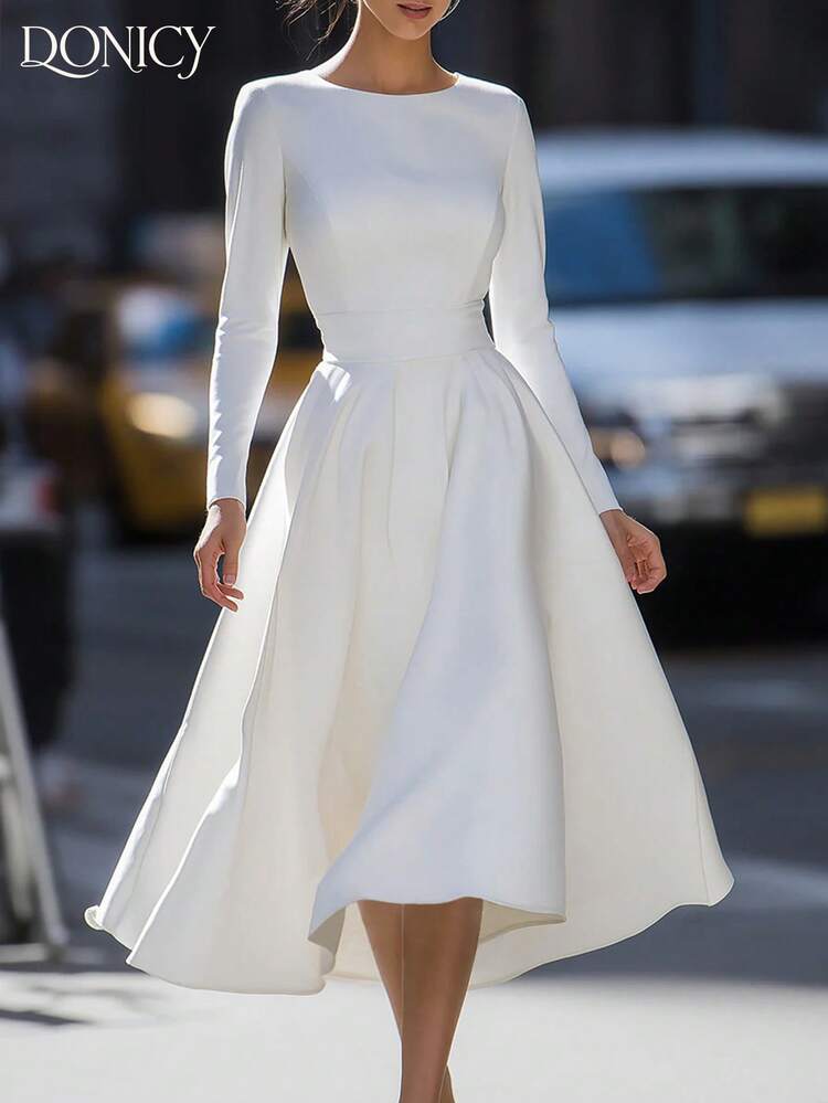 DONICY Vestido elegante para mujer, vestido midi de línea A con cinturón, cuello redondo, unicolor, para primavera/verano, minimalista y elegante, para uso casual, de negocios, de viaje, salidas, San Valentín, carnaval - Blanco - Ver 1