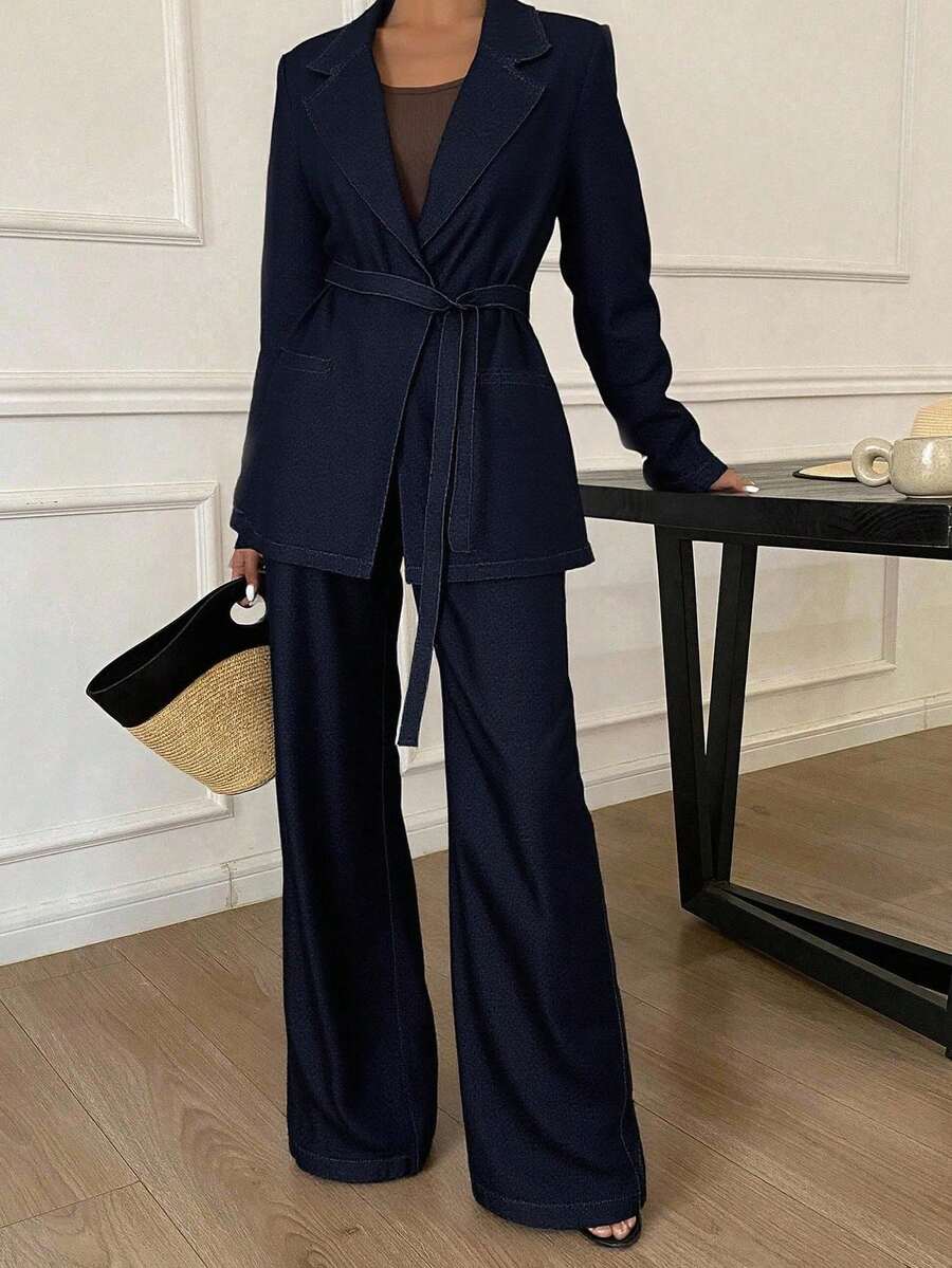 Livesso 女式束腰西装外套和直筒休闲牛仔裤两件套 - 深色水洗藍 - 查看 1