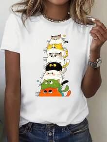 Camiseta de Mujer con Estampado de Gato de Anime - Top de Manga Corta con Cuello Redondo Transpirable y Diseño Divertido de Gato Apilado, Esencial para Fiestas de Verano, Lavable a Máquina, Entrega Local - Blanco - Ver 5