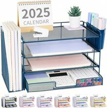 2025Desk Organizer And Accessories, 4-Tier Desktop File Organizer With Drawer And 2 Pen Holders, Office Desk Accessories, Workspace Organizers For Office Supplies(Black) - Dark Blue - View 1