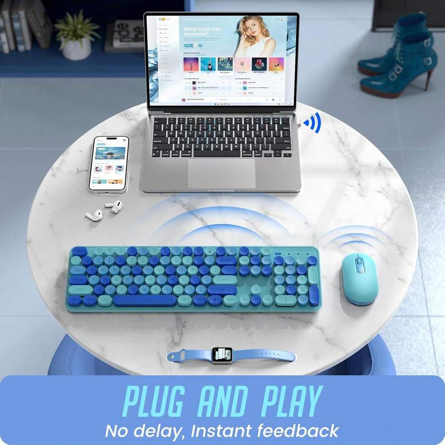Wireless Keyboard And Mouse Combo, Silent Keyboard Mouse Set, Typewriter Keyboard With Round Keycaps & Foldable Stand, 2-In-1 USB Receiver Cute Mouse Compatible With PC/ Laptop/ Computer - 藍色 - 查看 1