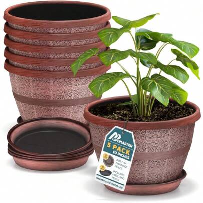 10-Inch Whiskey Barrel Planters Outdoor Pack Of 5 - Durable Plastic Plant Pots For Indoor & Outdoor Use With Drainage & Saucer, Lightweight Rustic Barrel Planters For Flowers, Herbs & Small Plants,24623861
