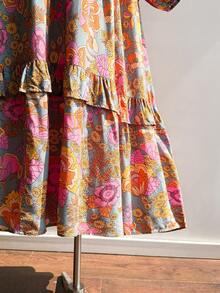 Rusttydustty Vestido plus size feminino, multicolorido, floral, boêmio, resort, manga lanterna, babados, bainha - Multicolorido - Ver 6
