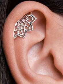 1pair Boho Helix Earring Geometric Lotus Flower Hidden Helix Piercing Cartilage Bohemian Silver Color Spiritual Jewelry - 銀色 - 查看 1