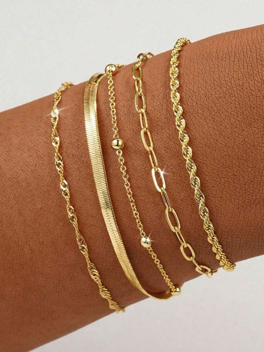 5pcs Elegant Snake Bone Chain Beaded Bracelet Set, Suitable As Everyday Jewelry Gift For Women, Women Accessories