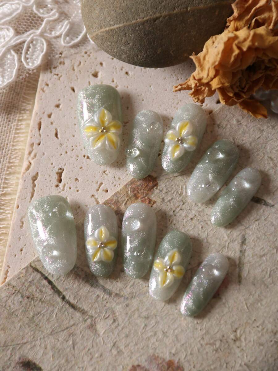 10片装按压式假指甲，粉绿色滴胶，立体花朵波纹，适合办公室日常佩戴，人造指甲套装包含1张粘性贴片和1个迷你指甲锉。 - 彩色 - 查看 1