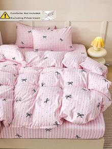 Juego de ropa de cama de 2/3 piezas con estampado de rayas y lazos rosas (1 funda nórdica + 1/2 fundas de almohada, sin relleno incluido), moderno, romántico, elegante y clásico, de fibra de poliéster cómoda y transpirable para todo el año, para decoración de dormitorio, estilo de hotel de lujo, estilo de niña, regalo para mamá, papá o amigo, funda de edredón/nórdica*1 funda de almohada*1/2 tamaño King, Queen, Full o Twin para dormitorio universitario