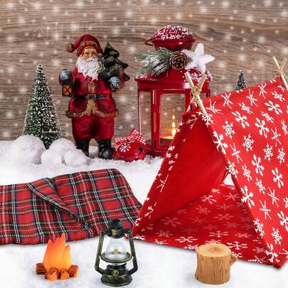Vintage Weihnachts-Elf Camping Set, beinhaltet Mini-Zelt, Schlafsack, Lagerfeuer, Lampe, rot-weiß Schneeflocken Design, strapazierfähiges Kunststoff/Harz Material, einfache Montage für DIY Miniatur Szene Dekoration, gemütliche Winter Dorf Dekoration - perfektes Weihnachtsgeschenk (geeignet für Miniatur Garten)