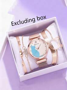 5 件套女士石英表，猫咪设计时尚手表和手链套装，磁性表带 - 彩色 - 查看 8