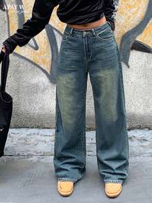 Women's Relaxed Fit Wide Leg Jeans - Nostalgic Color - View 2