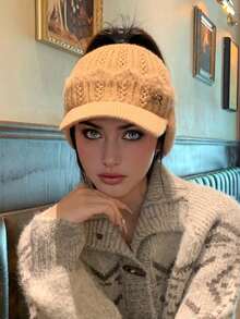 1pc Women's Solid Color Knitted Beanie Hat With Letter Design, Thermal Lined, Suitable For Outdoor Activities, Casual Wear