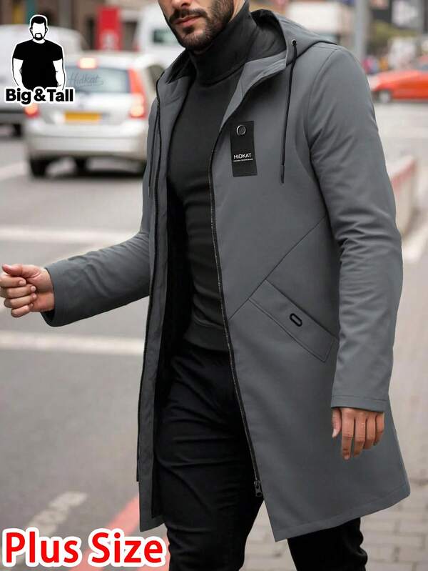 Plus Size Men's Mid-Length Windbreaker Jacket, Hooded With Drawstring, Fashionable Casual Solid Color Versatile, Suitable For Spring/Autumn, Daily Wear, Outdoor Camping, Dating