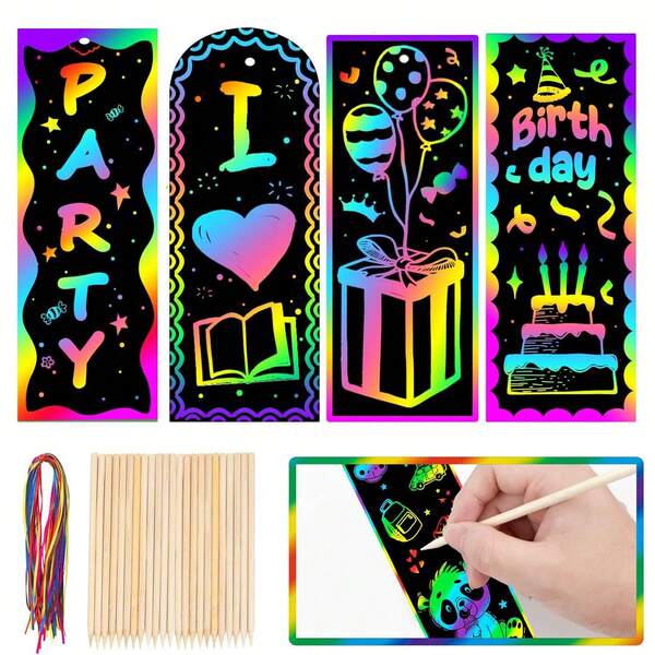10/50/100pcs/Sets Scratch Art Bookmarks, 4 Styles Magic Rainbow Craft Kit, Scratch Paper Art Sets For Students Party Bag Fillers,DIY Bookmarks Bulk With Bamboo Stylus,Bookmark, Book, Personalized Bookmark, Stitch