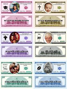 20/40/60/80/100/200/400 pièces, Argent factice personnalisé avec photo et texte, 15,6 x 6,6 cm, pour mariage, anniversaire, votre visage sur l'argent, billet de 100 dollars personnalisé, argent de jeu pour fiançailles, visage personnalisé sur un billet d'un dollar, argent factice avec photo, argent de jeu pour enterrement de vie de garçon, argent factice, argent de campagne pour bal des finissants