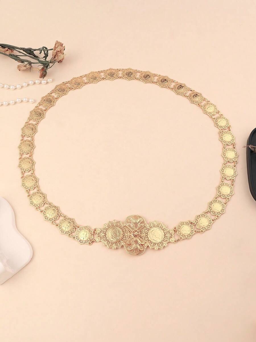 1pc Small Size Hexagon Napoleon Portrait Metal Waist Belt, Middle Eastern Bride Wedding Party Holiday Wear Waist Chain