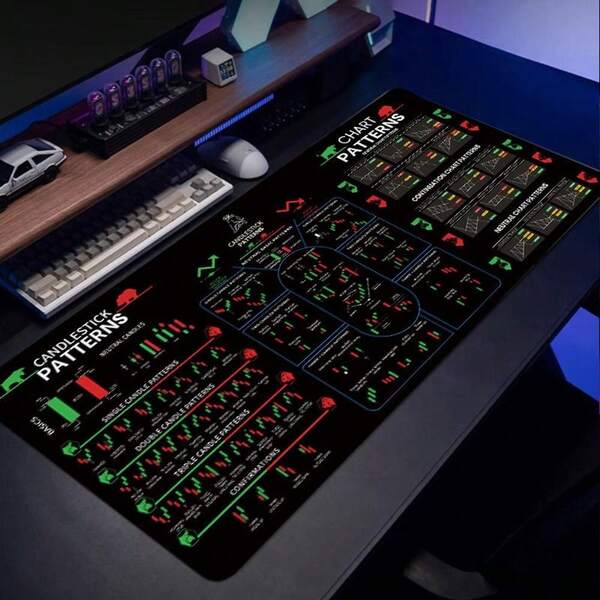 Alfombrilla de ratón grande sin goma con hoja de referencia de patrones de velas y gráficos de trading de acciones, forma oblonga, tapete de escritorio lavable para referencia fácil de trading de acciones