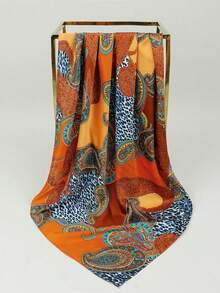 1pc Moonlight Silk Chain Geometric Print Headscarf Bandana 85cm Bandana,Hair Band,Head Band Ideal For Dressing Up Your Look - 橘色 - 查看 4