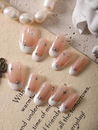 10pcs Press On Nails Fake Nails Short White French Minimalist Sun Star Silvery DailyWear False Nails Artificial Nails Kit Includes 1sheet Adhesive Tabs &1 Pc Mini File