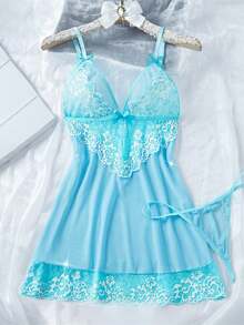 Women's Sexy Lingerie Lace Thong Underwear Seductive Camisole Nightgown - Baby Blue - View 7