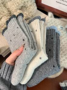 1/3/5 pares de calcetines de lana con lunares, calcetines medianos para mujer, estilo de primavera y otoño, calcetines grises, calcetines medianos de otoño e invierno - Multicolor - Ver 1