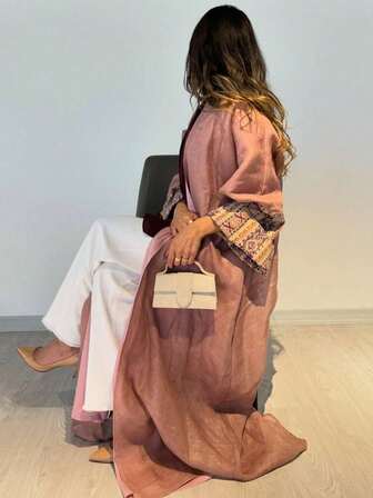 1 pieza de elegante y clásico vestido abaya bohemio con estampado geométrico rosa y mangas de empalme, que muestra elegancia y estilo refinado, adecuado para todas las estaciones y eventos culturales, apropiado para ocasiones diarias y formales, multiusos para fiestas, festivales y viajes.