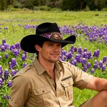 Sombreros de vaquera occidental unisex con banda floral, elegantes sombreros Fedora de ala ancha con cabeza de toro para uso diario y fiestas. - Negro - Ver 1