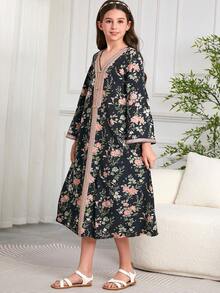 Tween Girl Middle East Dubai Style Print Loose Long Dress Robe - Multicolor - View 4