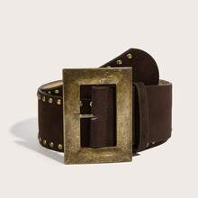 1 件女士复古铜方形扣天鹅绒腰带，适合连衣裙和外套 - 咖啡 - 查看 6