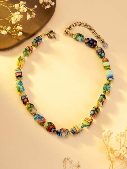 1pc Handmade Cloisonné Necklace - Vintage Colorful Cloisonné Bead Necklace, Unique Design Choker Necklace - Handcrafted Cloisonné Beaded Necklace, European & American Style Accessory - Traditional Cloisonné Flower Necklace, Vintage Colorful Beads Clavicle Chain