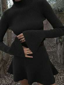 秋季时尚女装棕色短款高领针织立领喇叭下摆连衣裙 - 黑色 - 查看 7