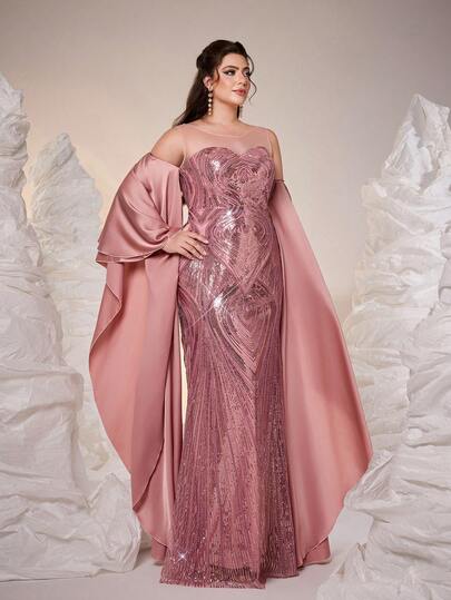 Đầm maxi dáng đuôi cá trễ vai tay cape màu hồng đính sequin và hạt cườm cỡ lớn của Mgiacy, trang phục mùa hè thanh lịch dành cho nữ, thích hợp cho dạ hội, tiệc tối, tiệc tùng và lễ hội.