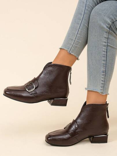 1 paar grote maten ronde neus mode laarzen, lage hak bruine rits en gespband korte schacht enkellaarsjes voor herfst/winter