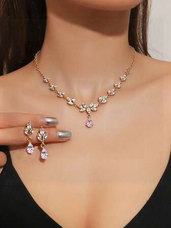 3 件套黄金珠宝花朵玻璃锆石项链和耳环套装，适合女性、婚礼、派对、新娘珠宝套装、情人节正式场合的礼物