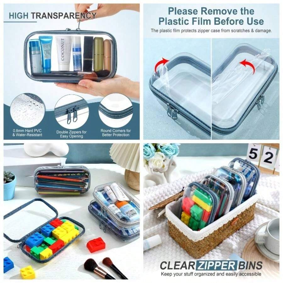 - 4 bolsas de maquillaje transparentes con cierre dura y transparente para lpices, caja de almacenamiento transparente para cosmticos, aperitivos, bloques de construccin, rompecabezas - Morandi + 7,5 x 3,9 x 2 pulgadas - Ver 1