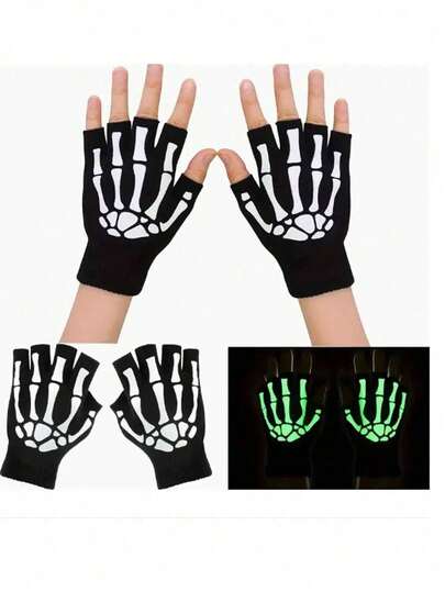 1 Pair Halloween Party Quilted Glow-In-The-Dark Half Finger Gloves, Luminous Design, Suitable For All Seasons